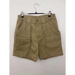 St Johns Bay Mens Khaki Cargo Shorts Size 32 Cotton Utility Elastic Waist Tan